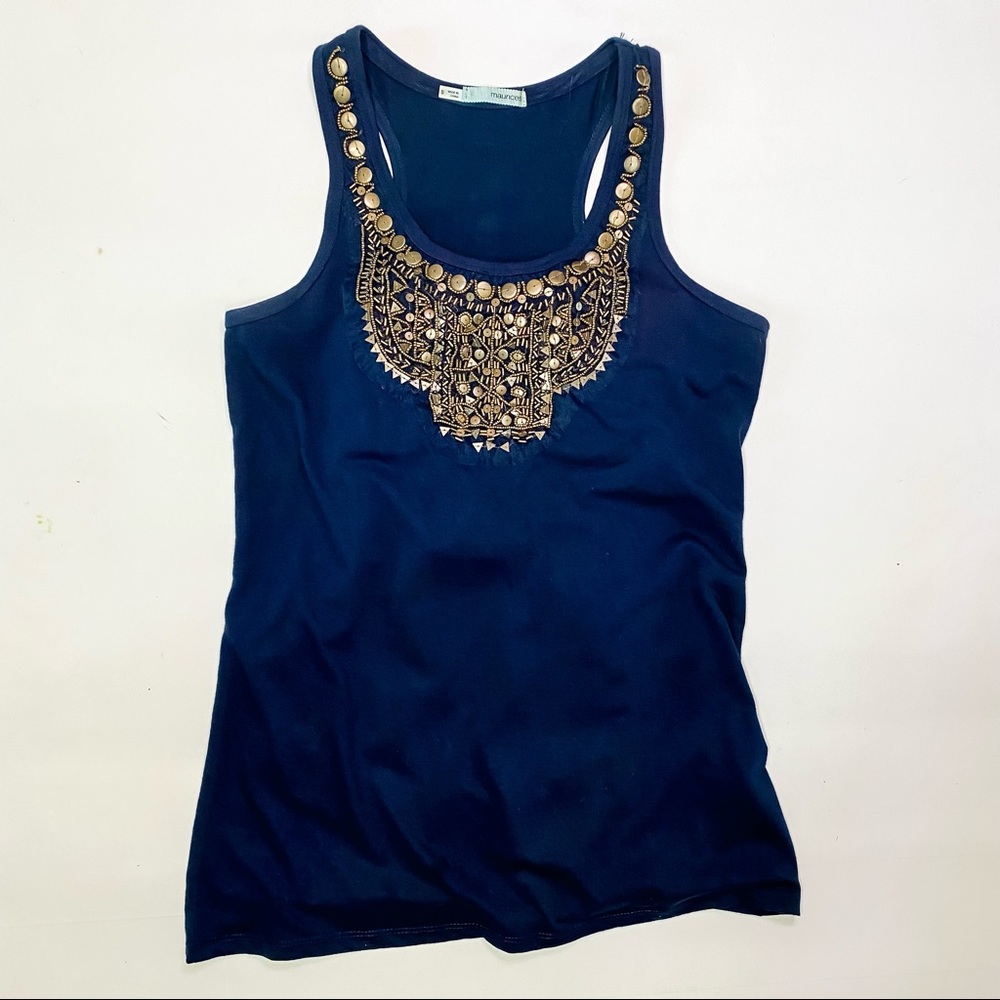 Navy blue tank top embellished with gold beading.
